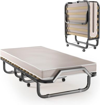 Lit Pliant avec Matelas 17 Lattes avec 4 roulettes Pivotantes Tuyeaux 25 MM en Metal Durable Matelas de 10 CM Epais