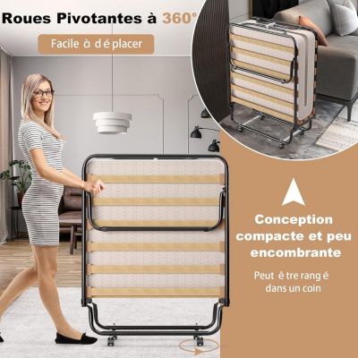 HOMCOM Lit Pliant 90x200 Cm Avec Matelas Mousse 10 Cm – Roulettes Freinées, Structure Acier 150 Kg, Noir, Pour Invités Maison Bureau
