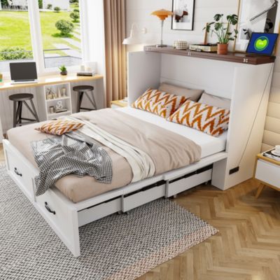 Lit pliant,lit escamotable 140x200 cm - Cadre de lit extensible - Prise électrique - Structure en métal - Blanc (sans matelas)