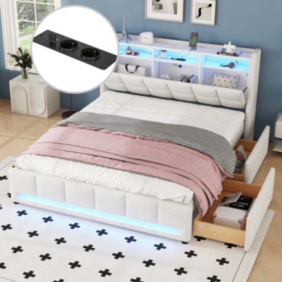 Lit Polster 140x200cm, LED, Tiroirs avec USB, Stufach, Beige