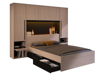Lit pont 140 x 190 cm avec rangements - Avec LEDs - Coloris : Naturel ...