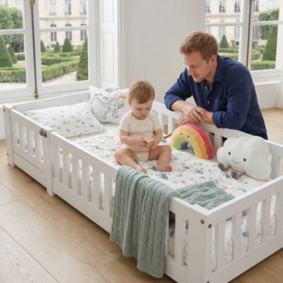 Lit pour enfant 90 x 200 cm avec protection anti-chute et porte, sommier à lattes,  blanc