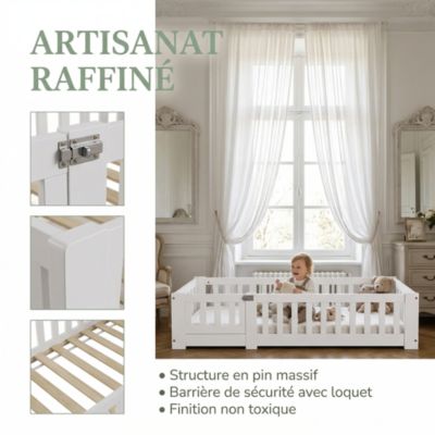 Lit pour enfant 90 x 200 cm avec protection anti-chute et porte, sommier à lattes,  blanc
