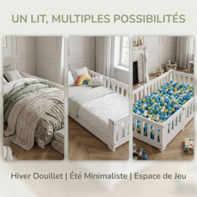 Lit pour enfant 90 x 200 cm avec protection anti-chute et porte, sommier à lattes,  blanc