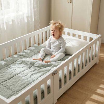 Lit pour enfant 90 x 200 cm avec protection anti-chute et porte, sommier à lattes,  blanc