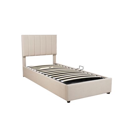 Lit Pour Enfant Rembourré, 90 X 200 Cm, Coffre De Rangement Hydraulique, En Lin, Beige