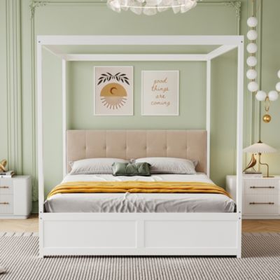 Lit à quatre pieds avec rangement, 140x200cm, blanc, tiroirs et tête de lit en bois