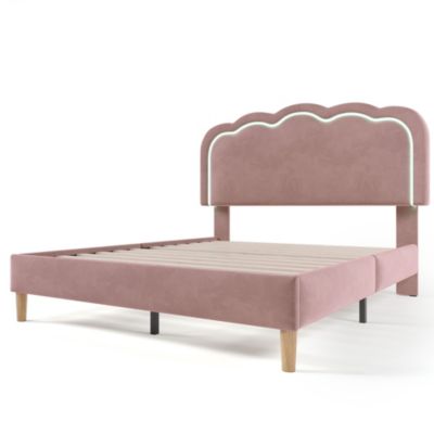 Lit rembourré 140 x 200 cm, LED, tête de lit réglable, sommier à lattes, sans matelas, rose, velours