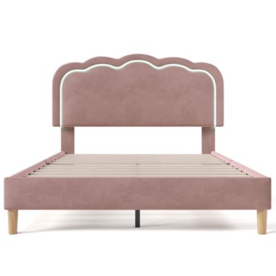 Lit rembourré 140 x 200 cm, LED, tête de lit réglable, sommier à lattes, sans matelas, rose, velours
