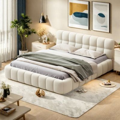 Lit rembourré 140x190 cm, jeune, double, dossier moelleux, bordure rembourrée, sommier à lattes lin beige (matelas non inclus).