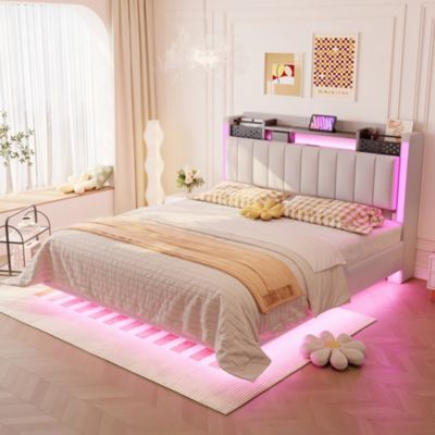Lit rembourré 140x200 cm en tissu lin beige avec LED, USB et rangement tête de lit