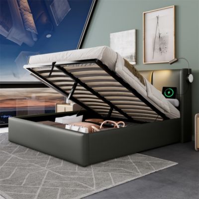 Lit rembourré 140x200 cm lit de rangement lit lampe de lecture lit tête de lit avec fonction de chargement usb lit double pu gris