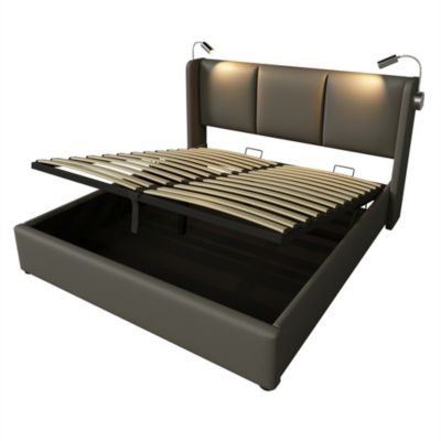 Lit rembourré 140x200 cm lit de rangement lit lampe de lecture lit tête de lit avec fonction de chargement usb lit double pu gris