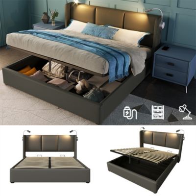 Lit rembourré 140x200 cm lit de rangement lit lampe de lecture lit tête de lit avec fonction de chargement usb lit double pu gris
