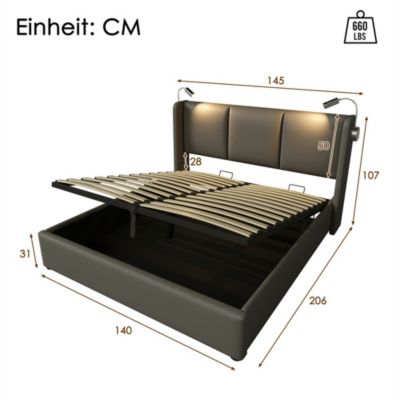 Lit rembourré 140x200 cm lit de rangement lit lampe de lecture lit tête de lit avec fonction de chargement usb lit double pu gris