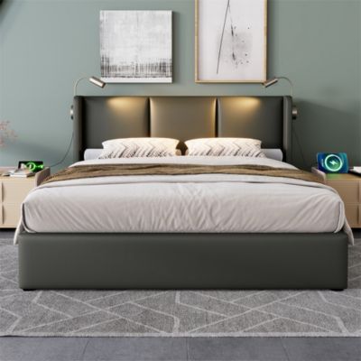 Lit rembourré 140x200 cm lit de rangement lit lampe de lecture lit tête de lit avec fonction de chargement usb lit double pu gris