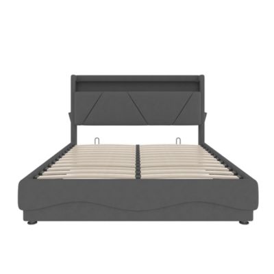 Lit rembourré 140x200 cm, tête LED, surfaces rangement, sommiers gaz, USB, poches