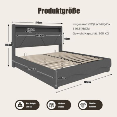 Lit rembourré 140x200 cm, tête LED, surfaces rangement, sommiers gaz, USB, poches