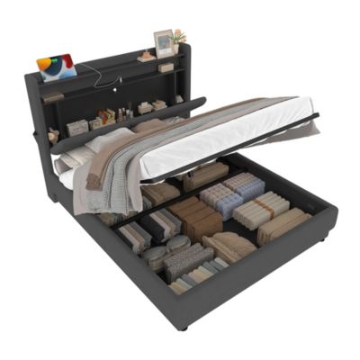 Lit rembourré 140x200 cm, tête LED, surfaces rangement, sommiers gaz, USB, poches
