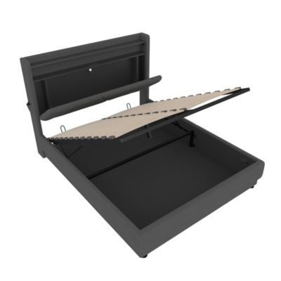 Lit rembourré 140x200 cm, tête LED, surfaces rangement, sommiers gaz, USB, poches