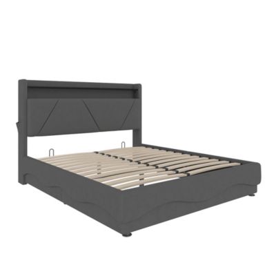 Lit rembourré 140x200 cm, tête LED, surfaces rangement, sommiers gaz, USB, poches