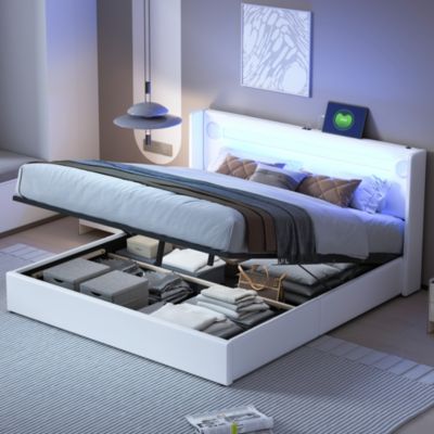 Lit rembourré 160 sur 200 avec éclairage LED lecteur Bluetooth port USB rangement en cuir PU sommier inclus blanc moderne