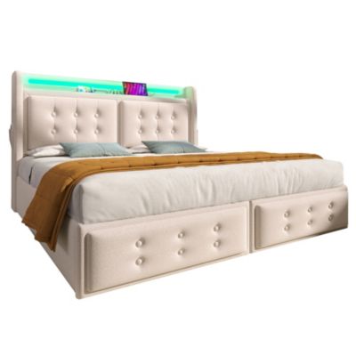 Lit rembourré 160 x 200 cm, LED, USB-C, tête de lit, sommier à lattes, avec matelas, beige, tissu effet lin