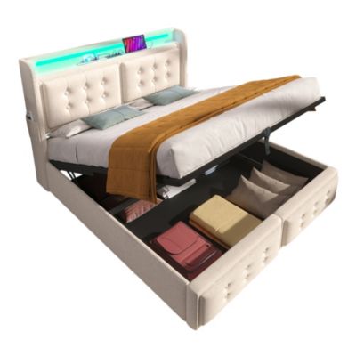 Lit rembourré 160 x 200 cm, LED, USB-C, tête de lit, sommier à lattes, avec matelas, beige, tissu effet lin