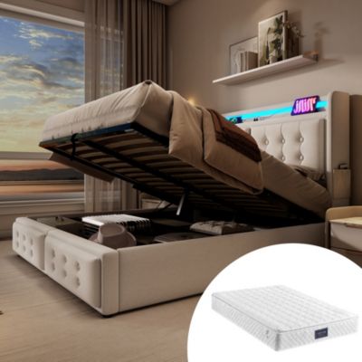 Lit rembourré 160 x 200 cm, LED, USB-C, tête de lit, sommier à lattes, avec matelas, beige, tissu effet lin