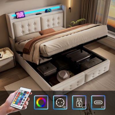 Lit rembourré 160 x 200 cm, LED, USB-C, tête de lit, sommier à lattes, avec matelas, beige, tissu effet lin