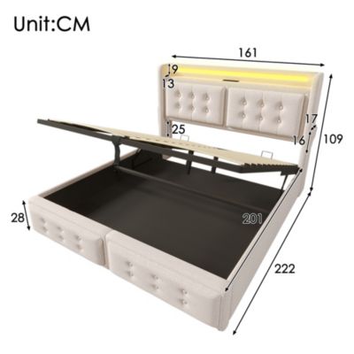 Lit rembourré 160 x 200 cm, LED, USB-C, tête de lit, sommier à lattes, avec matelas, beige, tissu effet lin