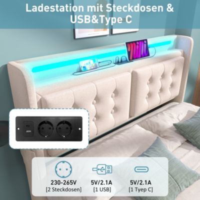 Lit rembourré 160 x 200 cm, LED, USB-C, tête de lit, sommier à lattes, avec matelas, beige, tissu effet lin