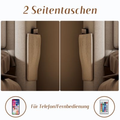 Lit rembourré 160 x 200 cm, LED, USB-C, tête de lit, sommier à lattes, avec matelas, beige, tissu effet lin