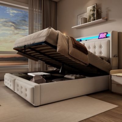Lit rembourré 160 x 200 cm, LED, USB-C, tête de lit, sommier à lattes, avec matelas, beige, tissu effet lin