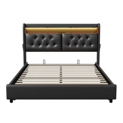 Lit Coffre 160x200 Cm Avec Rangement Hydraulique, LED, Chargeur USB Et Sans Fil - Similicuir Noir - Sommier à Lattes Inclus