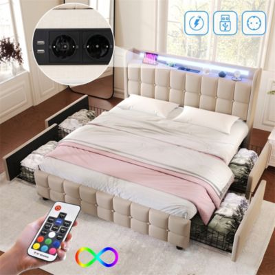 Lit Adulte Lit 160x200 Cm Lit Rembourré Lit De Rangement Avec 4 Tiroirs Lit Double Lin Gris