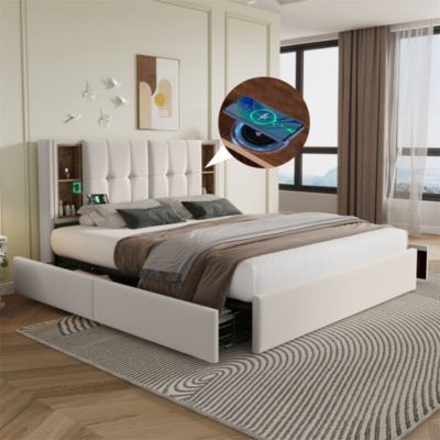 Lit Adulte Rembourré Double 160 X 200 Cm Avec Fonction De Charge USB Type C Et éclairage LED, En