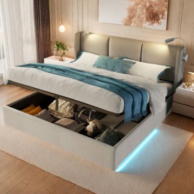Lit rembourré 160x200 cm PU avec tête de lit, sommier à lattes, coffre hydraulique, lampes et ports USB, Beige