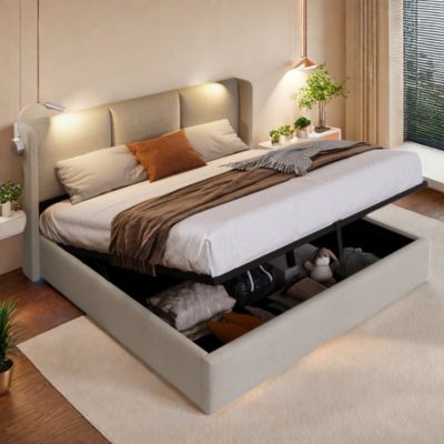 Lit rembourré 160x200 cm PU avec tête de lit, sommier à lattes, coffre hydraulique, lampes et ports USB, Beige