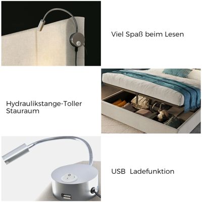 Lit rembourré 160x200 cm PU avec tête de lit, sommier à lattes, coffre hydraulique, lampes et ports USB, Beige