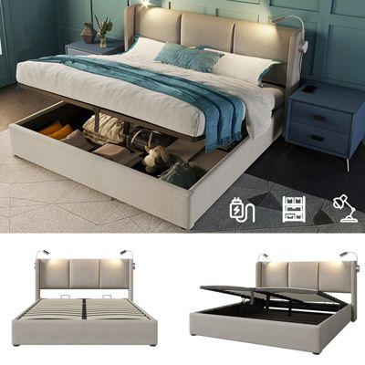 Lit rembourré 160x200 cm PU avec tête de lit, sommier à lattes, coffre hydraulique, lampes et ports USB, Beige