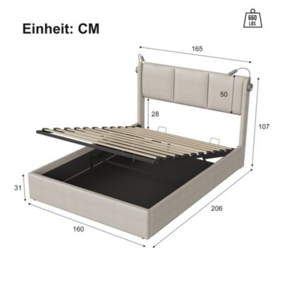 Lit rembourré 160x200 cm PU avec tête de lit, sommier à lattes, coffre hydraulique, lampes et ports USB, Beige