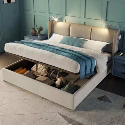 Lit rembourré 160x200 cm PU avec tête de lit, sommier à lattes, coffre hydraulique, lampes et ports USB, Beige
