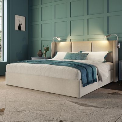 Lit rembourré 160x200 cm PU avec tête de lit, sommier à lattes, coffre hydraulique, lampes et ports USB, Beige