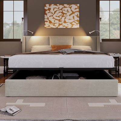 Lit rembourré 160x200 cm PU avec tête de lit, sommier à lattes, coffre hydraulique, lampes et ports USB, Beige