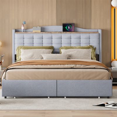 Lit rembourré 160x200 cm, table de nuit avec port de chargement USB et étagère, lit double plat avec 4 tiroirs, gris