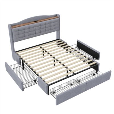Lit rembourré 160x200 cm, table de nuit avec port de chargement USB et étagère, lit double plat avec 4 tiroirs, gris
