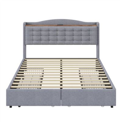 Lit rembourré 160x200 cm, table de nuit avec port de chargement USB et étagère, lit double plat avec 4 tiroirs, gris