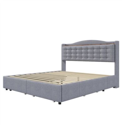 Lit rembourré 160x200 cm, table de nuit avec port de chargement USB et étagère, lit double plat avec 4 tiroirs, gris