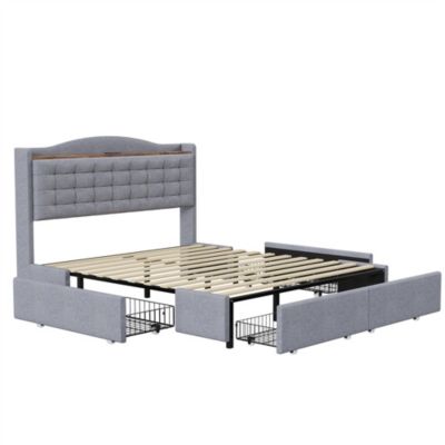 Lit rembourré 160x200 cm, table de nuit avec port de chargement USB et étagère, lit double plat avec 4 tiroirs, gris